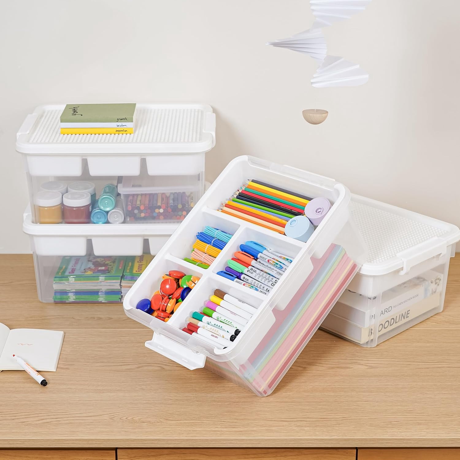 Sunny Lane 17 QT Storage Bins with Building Baseplate Lid and Removable Tray Large Plastic Storage Bins Lego Organizers and Storage Bead, Tool, Sewing, 4 Packs