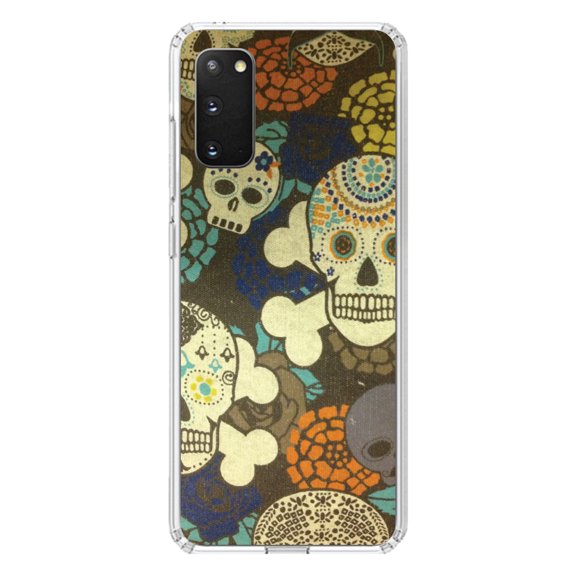 DistinctInk Clear Shockproof Hybrid Case for Galaxy S20 PLUS / 5G (6.7" Screen) - TPU Bumper, Acrylic Back, Tempered Glass Screen Protector - Sugar Skulls Green Orange
