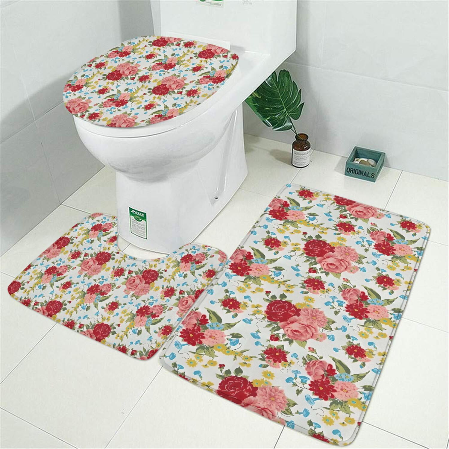 Pioneer Flower Floral Print Pattern Bathroom Rugs Sets 3 Piece,Toilet Cover Set,Absorbent Non Slip Bathroom Mats Sets with U-Shaped Contour Rug Toilet Rug Set