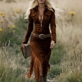 thumbnail image 2 of SMihono Women's Western Cowgirl Suede Dress Vintage Long Sleeve Slim Fit Midi Dress V Neck Zip up Irregular Tassels Dresses Brown L, 2 of 5