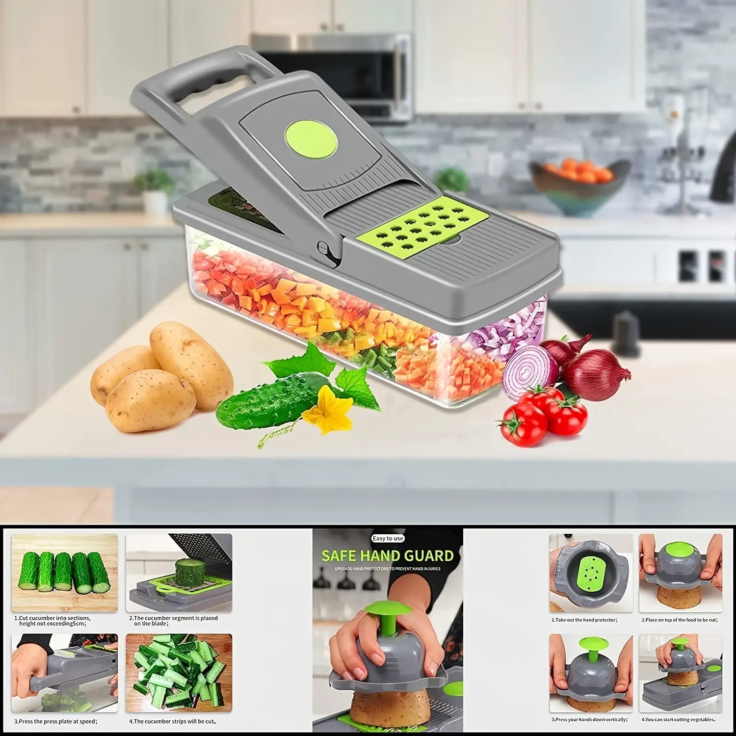 Hwawhin 13 in 1 Vegetable Chopper, Multifunctional Food Chopper with Container, 8 Blade food processor with Onion Chopper, Slicer, Dicer for Potato, Carrot, Salad Chopper, Home & Kitchen Gadgets