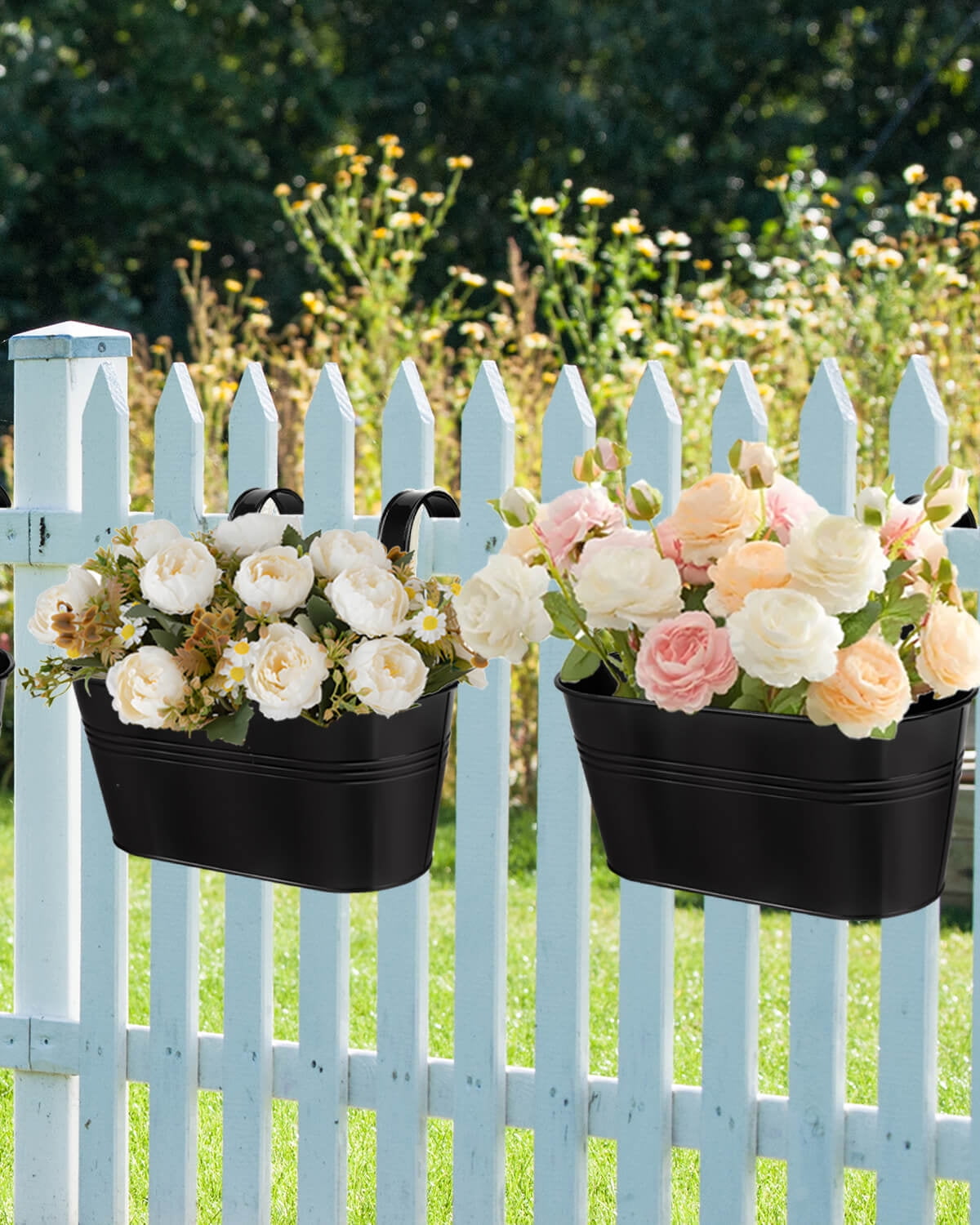 Metal Railing Planter for Outdoor Plants - 5 Pack Balcony Hanging Flower Pots with Detachable Hooks and Drain Holes Oval Bucket Rail Box Fence Planters for Home Garden Decor, White