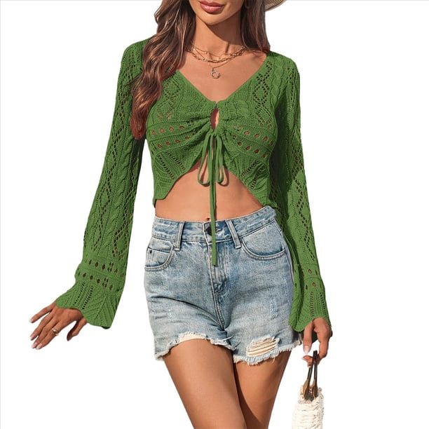 Suéter de Punto con Hombros Descubiertos y Mangas Acampanadas, Estilo Bohemio, para Mujer, Color Verde, Talla M