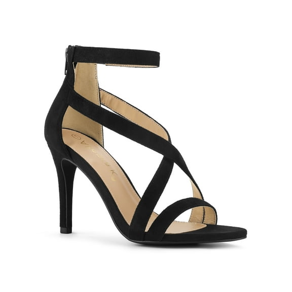 BLISSFUL STEP Women Zipper Ankle Strap Stiletto Heel Sandals Black 7