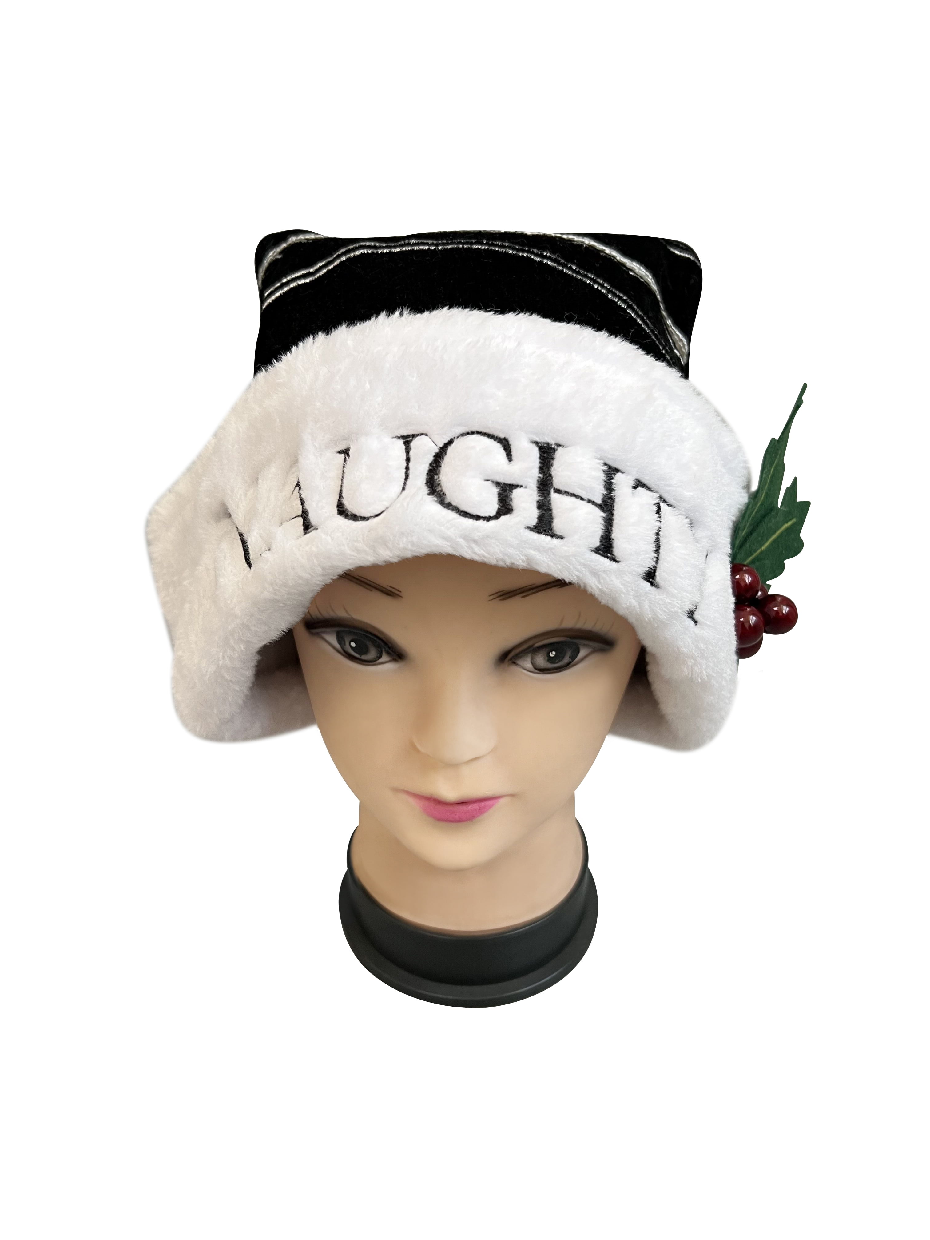 Chapeau de Santa Deluxe Holiday Time avec broderie. Couleur noire avec le mot "Naughty" brodé sur le revers. Chapeau de Père Noël noir deluxe avec "Naughty"