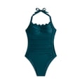 thumbnail image 6 of Womens One Piece Tummy Control Swimsuit Halter Scallop Trim Bathing Suits 1 Piece Vintage Ruched Slimming Swimwear Green L(L), 6 of 8