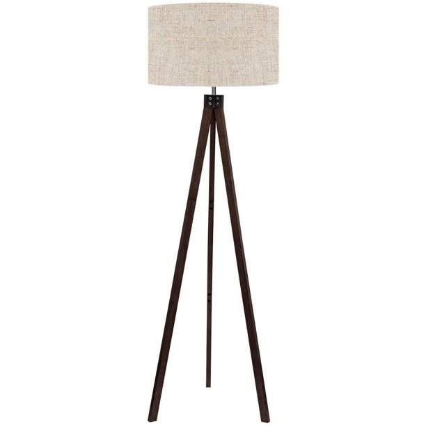 grey wooden tripod floor lamp