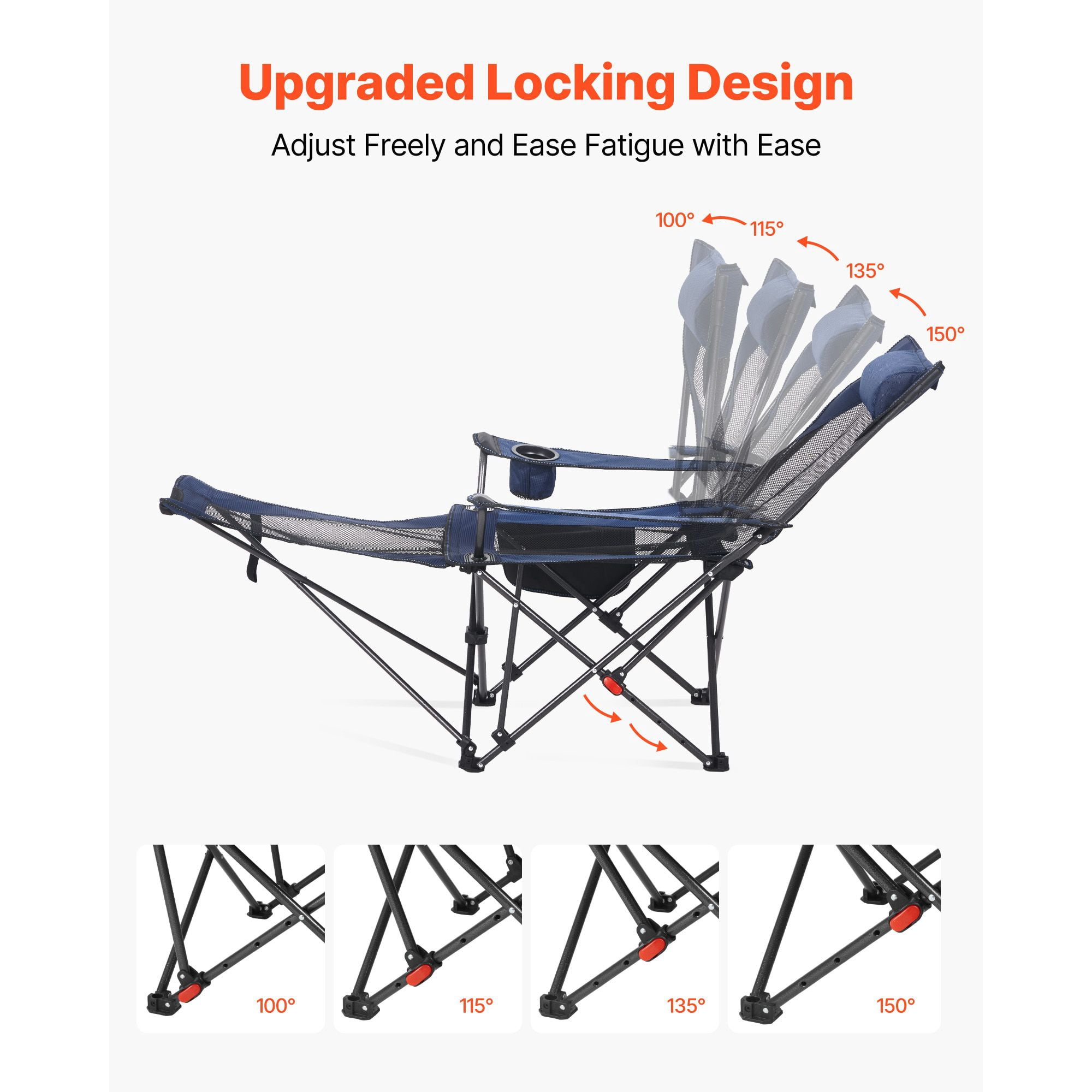 Foldable Reclining Lounge Chair 4-Position Adjustable, 220 lbs Capacity, Detachable Footrest, Cup Holder, for Camping Beach Patio