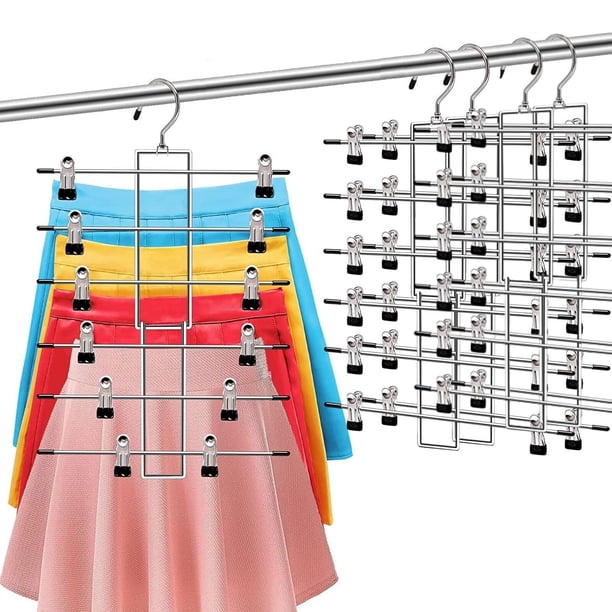 Perchas para Falda con Pinzas, Paquete de 4 Ganchos Perchas para Pantalones Faldas Ropa, con Clip Antideslizantes Ahorra Espacio, Acero Inoxidable Color Plata, para Jeans,Faldas y Ropa Interior
