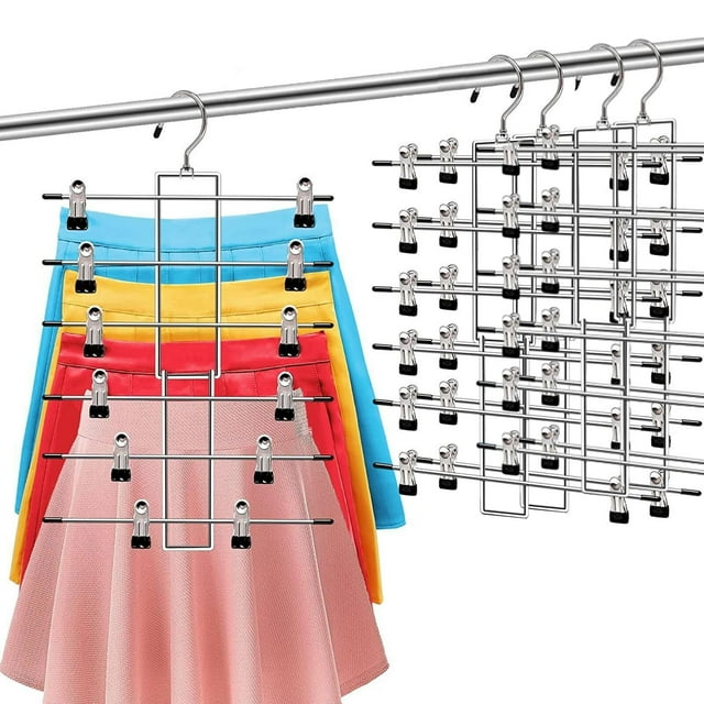 Perchas para Falda con Pinzas, Paquete de 4 Ganchos Perchas para Pantalones Faldas Ropa, con Clip Antideslizantes Ahorra Espacio, Acero Inoxidable Color Plata, para Jeans,Faldas y Ropa Interior