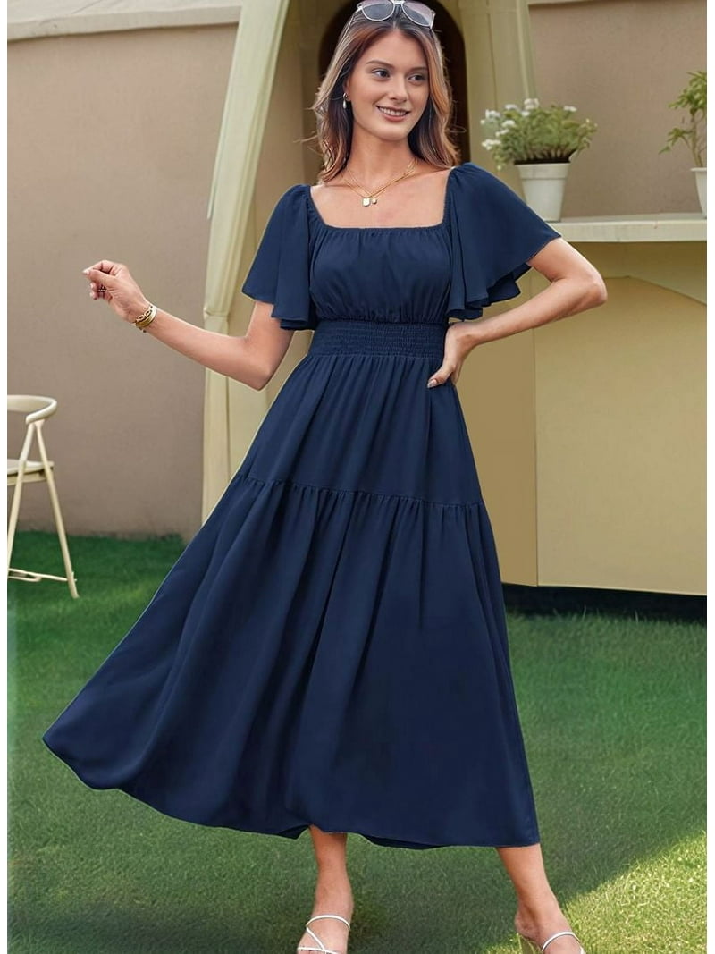 royal blue business dress Emmie Navy Cotton Midi Tiered Dress – Finery London main image 0