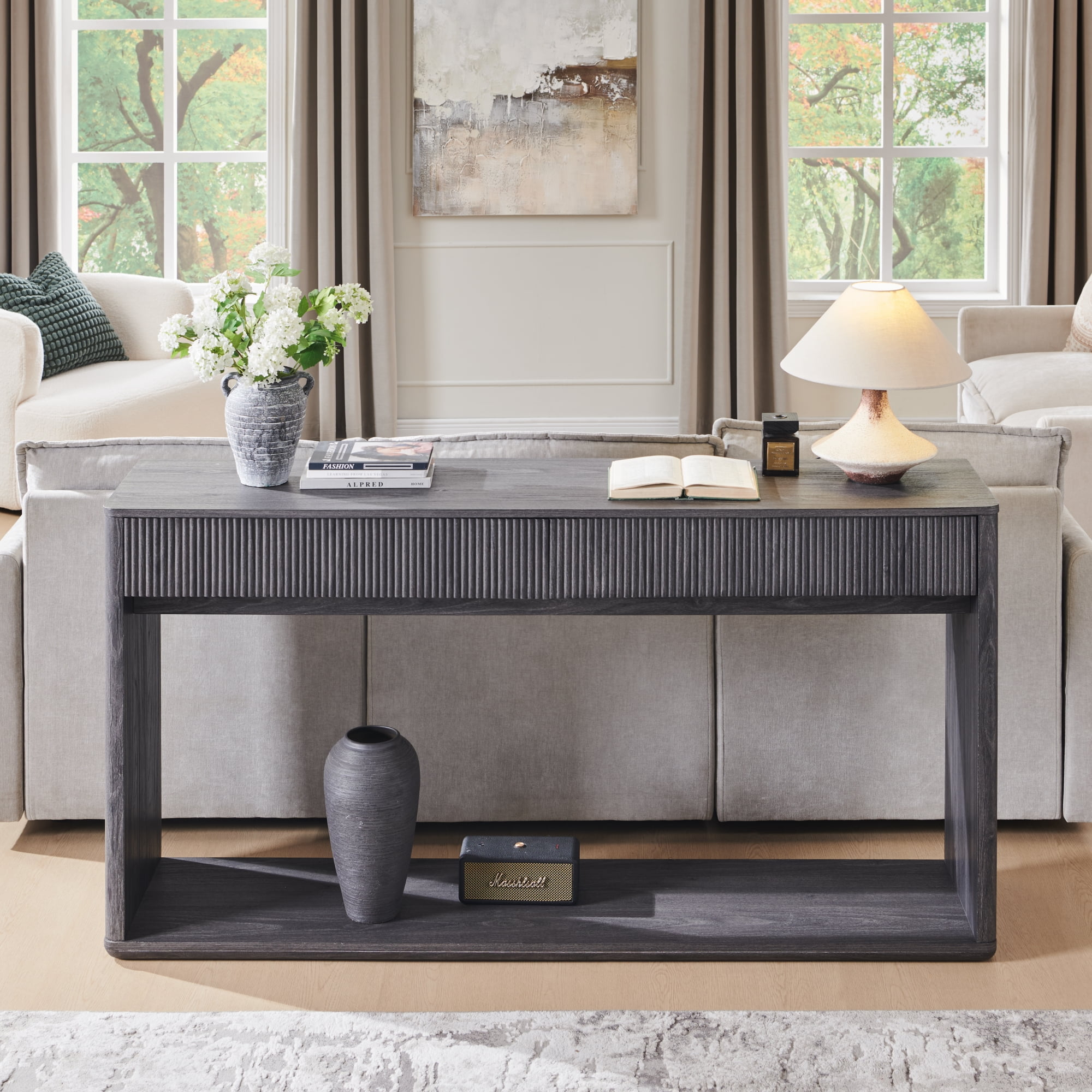 OKD 63 Inch Fluted Long Console Table for Entryway, Modern Entryway Table with 2 Large Drawers,Farmhouse Sofa Table Behind Couch for Living Room, Hallway, Dark Alder