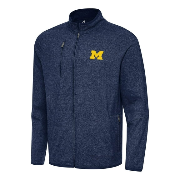 Men's Antigua Heather Navy Michigan Wolverines Hold-Up Full-Zip Tri-Blend Jacket
