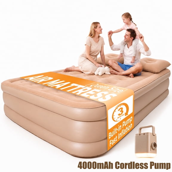 Patbrela 16" Queen Air Mattress with Built-in Pump & Light, 4000mAh Rechargeable Wireless Pump, Up to 10H Light Runtime, Quick Inflation & Deflation, Inflatable Mattress for Camping, Travel & Guests