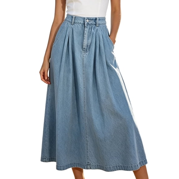 Jane Wardrobe High Waist Pleated Swing Denim Midi Skirt Women Side Pocket Vintage Jean Skirt Plus Size 1PC M-XXXXL