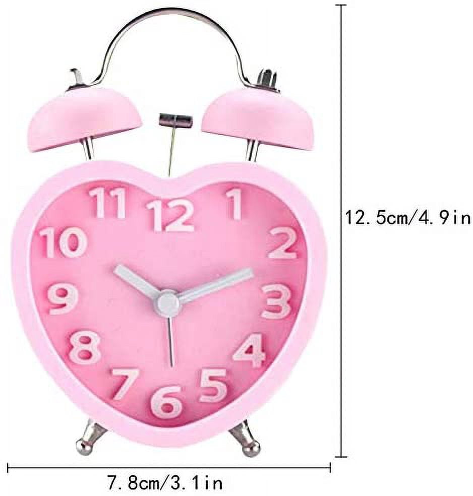 MetalM - Students Seniors 3in Twin Bell Loud Alarm Clock Silent Analog Quartz Nightlight Clock Battery Operated for Heavy Sleepers Heart Shape Pink