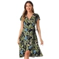thumbnail image 1 of Vestido Midi Cruzado Y Acampanado Con Estampado Floral Tropical De Verano Para Mujer Negro verde XS, 1 of 6