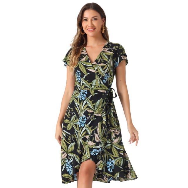 Vestido Midi Cruzado Y Acampanado Con Estampado Floral Tropical De Verano Para Mujer Negro verde XS
