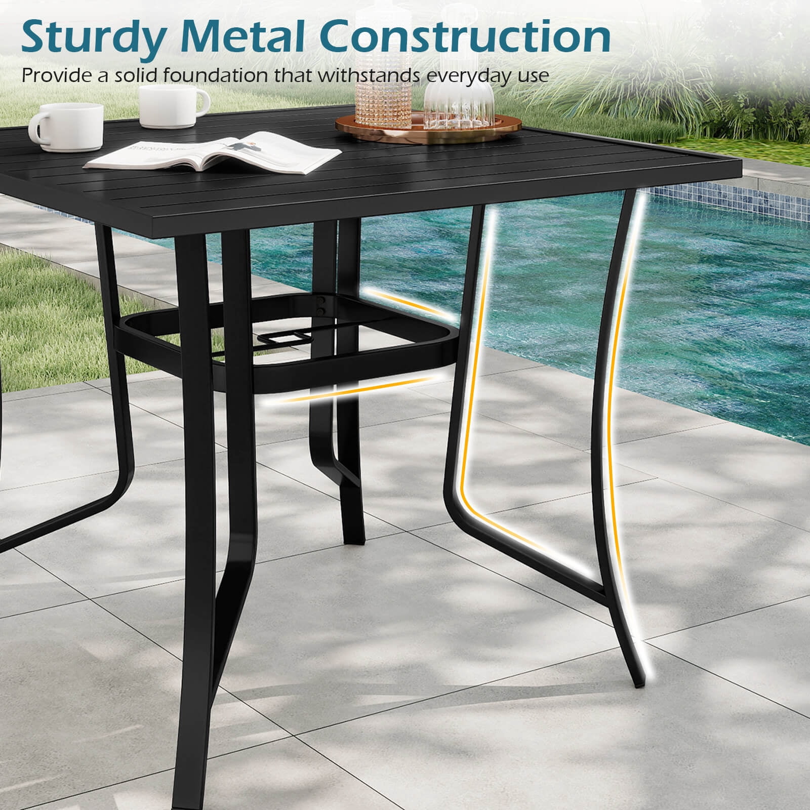 Costway 5 PCS Patio Furniture Dining Set, Outdoor Square Table & Stackable Chairs with Umbrella Hole Black