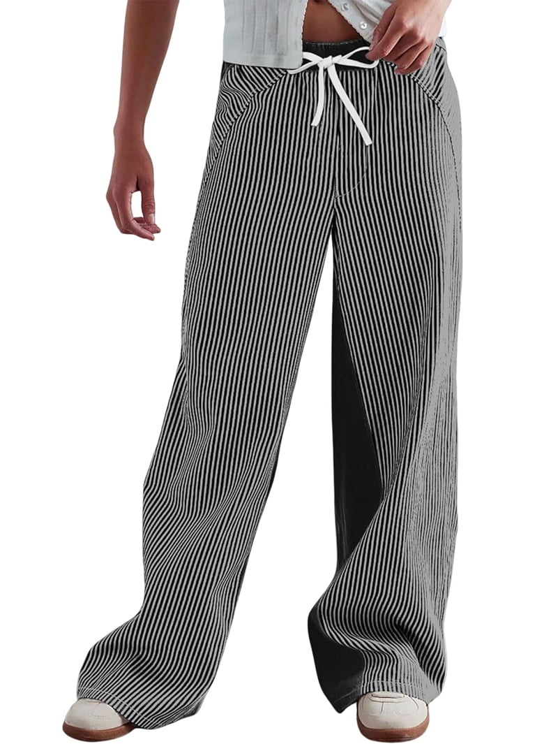 Low Rise Striped Pants for Women Pull on Drawstring Boho Wide Leg Jeans Trendy 2025 Black XL - image 2