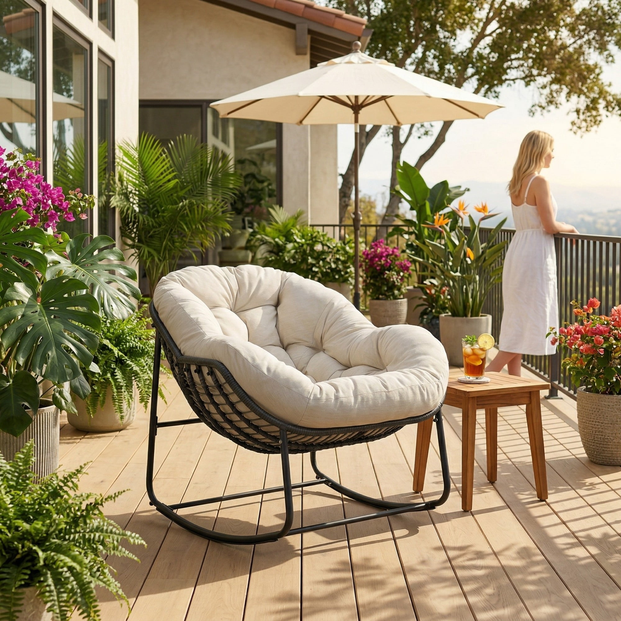 Outdoor Papasan Rocking Chair, Oversized Egg Rocking Chair with Cushion, Wicker Rattan Patio Rocker, Indoor Outdoor Lounge Chair for Porch Garden Living Room, Beige
