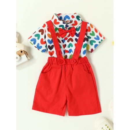 

Ma&Baby Toddler Baby Boys Valentine s Day Outfit Short Sleeve Heart Print Shirt Red Suspender Shorts Outfit