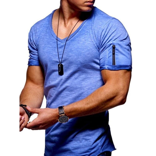 UKAP Men Blouse Short Sleeve Summer Tops Solid Color T Shirts Fashion Work Basic Tee Blue L
