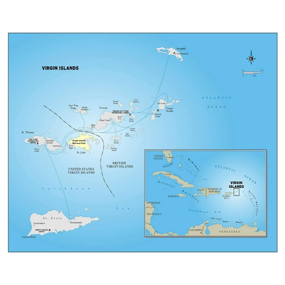 Palmetto Posters Large Detailed Political Map of Virgin Islands 20'' x 24'' Poster