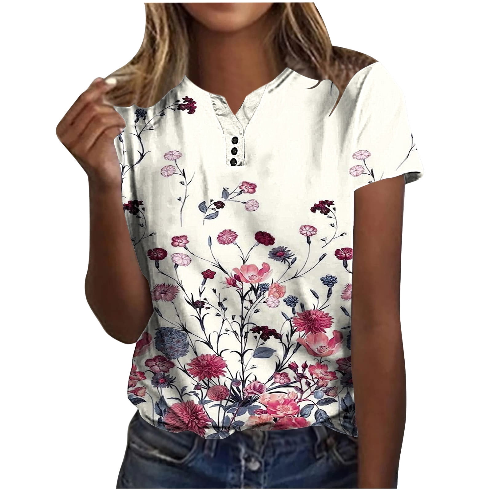 JGGSPWM Womens Button Up Short Sleeve VNeck Henley Tunic Tops