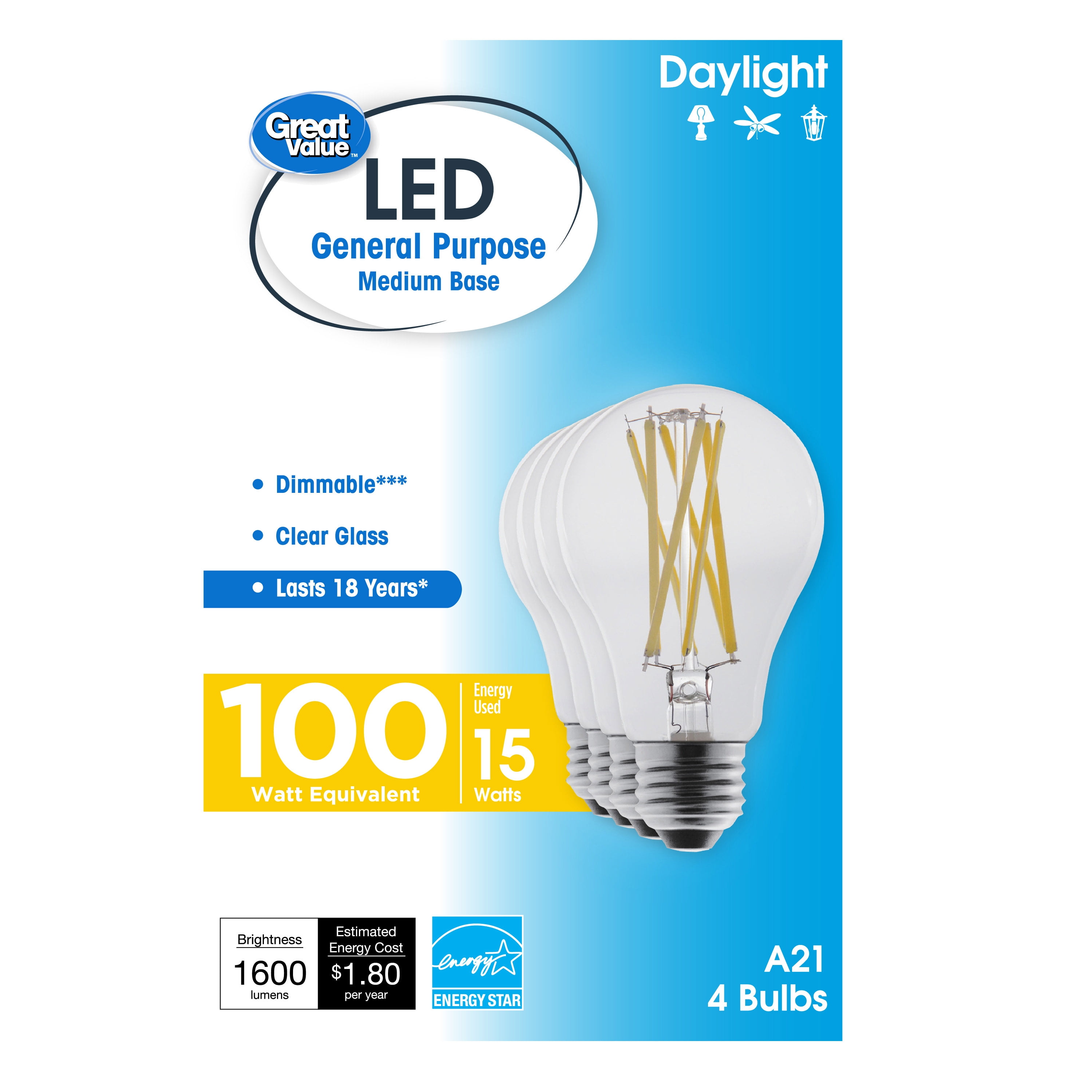 Great Value 18 Year LED Light Bulbs, A21 100 Watts Equivalent, 15 Watts Efficient, Daylight, Clear Glass, 4 Pack Walmart.com