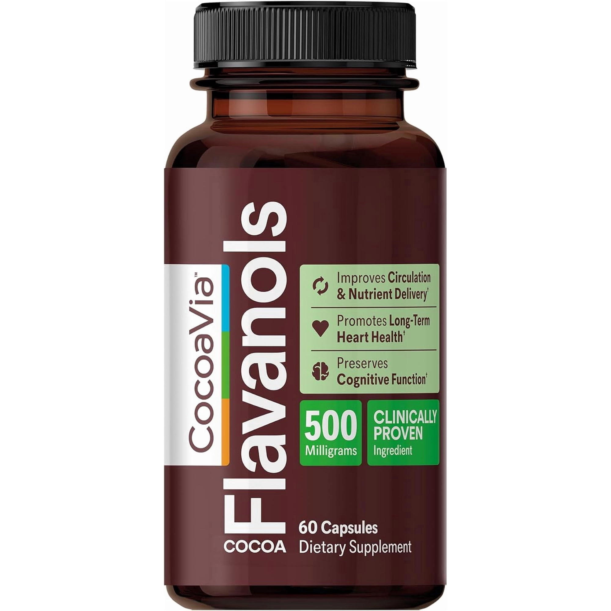 CocoaVia Cocoa Flavanols 500mg – Heart & Brain Support Supplement, High Flavanol Cocoa, Blood Circulation & Memory Booster, Nitric Oxide, Energy & Oxygen Boost, Vegan, Gluten-Free, 60 Capsules