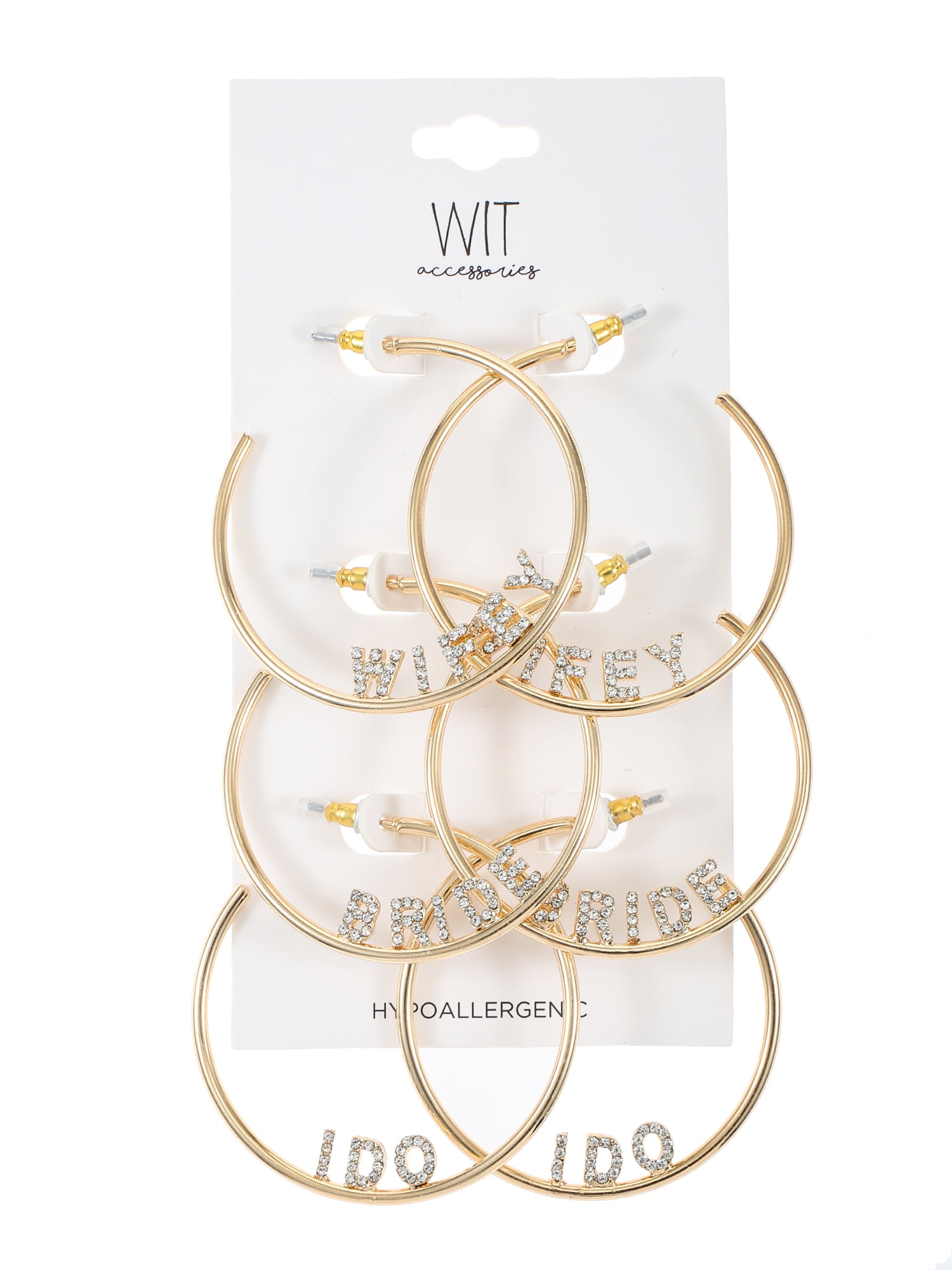 Goldtone Bridal Hoop Collection, "I Do", "Bride" and "Wifey", 3 Pairs