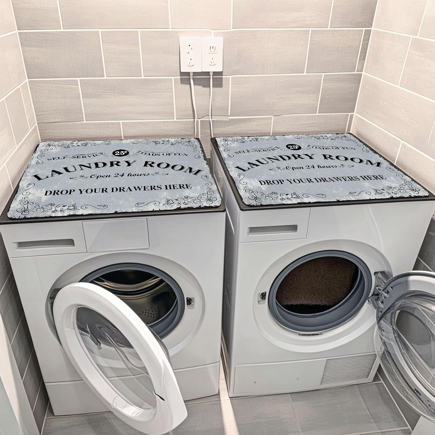 Non-Slip Washer & Dryer Top Cover Protector Mat Dust-Proof Washing Machine Cover Pad With Vintage Gray Laundry Sign Design Universal 23.6"x19.7" for Laundry Room & Kitchen Decor
