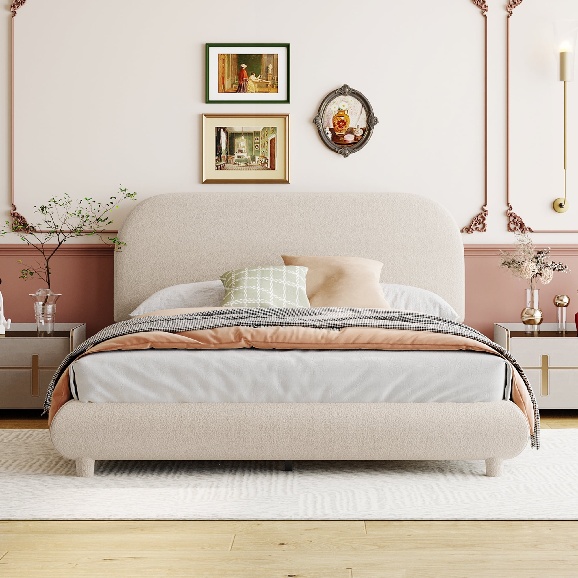 Noble House Teddy Fleece Full Size Upholstered Platform Bed, Beige