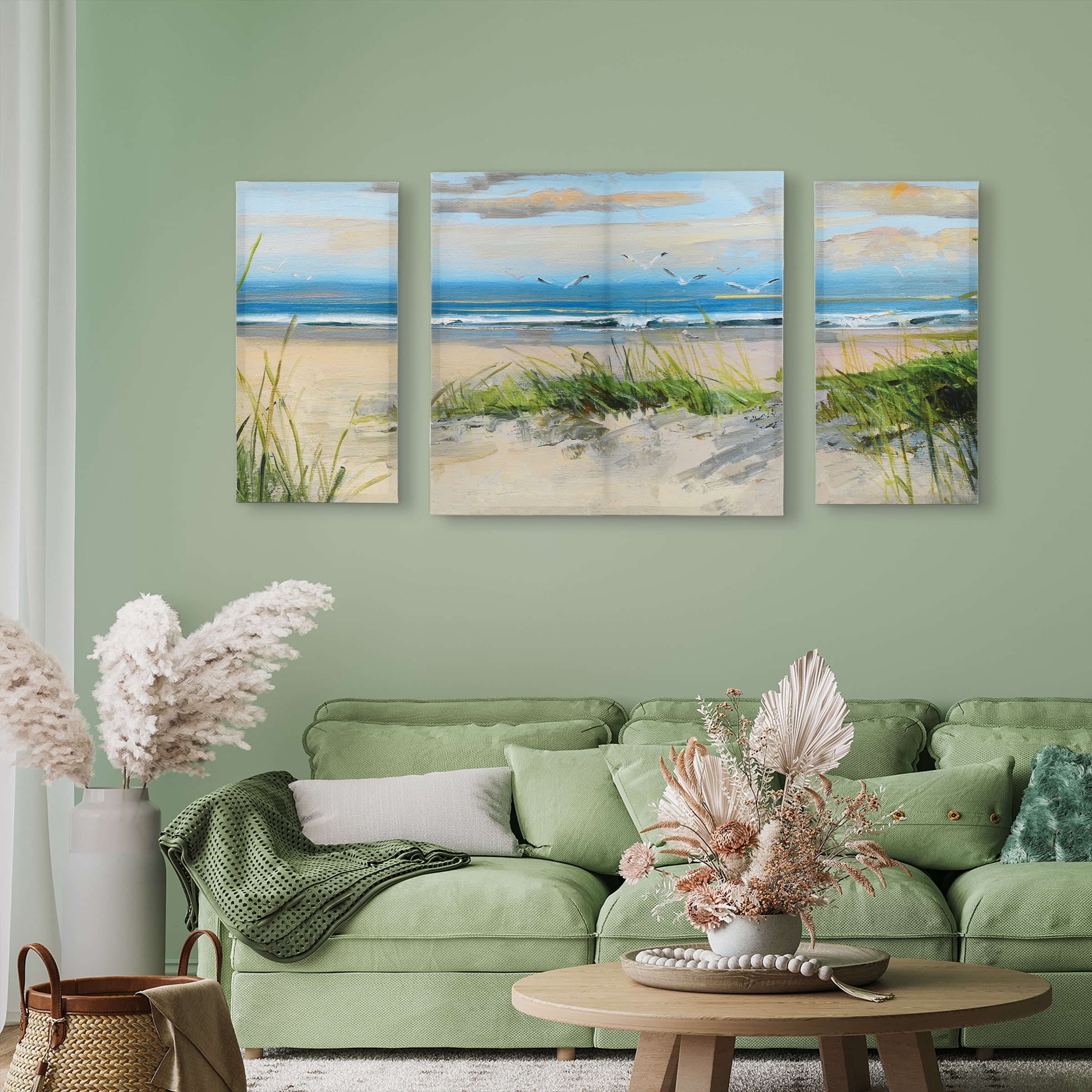 Prinz Coastal Dune Scene 44.5" x 22.5" Beach Painting Canvas Wall Art, Blue, Green (Set of 3)