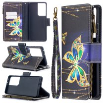 Samsung Galaxy S21 Ultra 5G Case with Zipper Wallet, Dteck Painted PU Leather Folio Case 9 Card Slots Wallet Case with Zipper Pocket / Hand Strap for Samsung Galaxy S21 Ultra 6.8", 05# Gold Butterfly