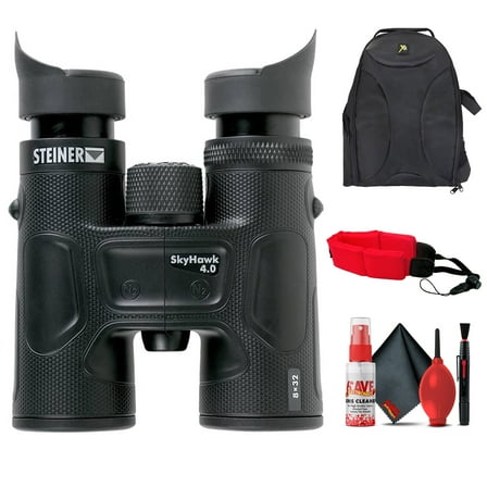 Steiner SkyHawk 4.0 8x32 Binoculars (23360900) Bundle with Padded Backpack, Floating Wrist Strap, and 6Ave Cleaning Kit