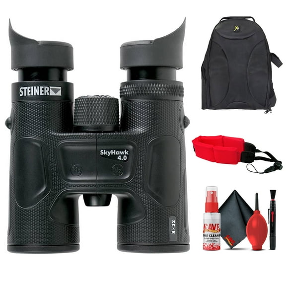 Steiner SkyHawk 4.0 8x32 Binoculars (23360900) Bundle with Padded Backpack, Floating Wrist Strap, and 6Ave Cleaning Kit