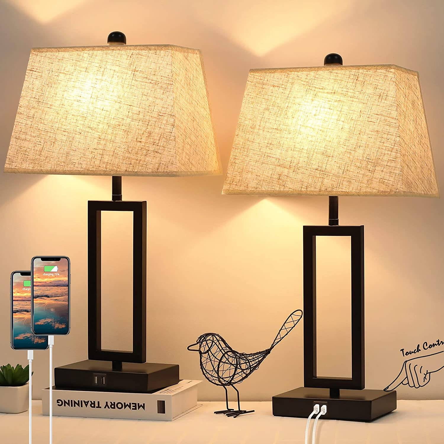 Set of 2 Touch Table Lamps,3 Way Dimmable with 2 USB Ports