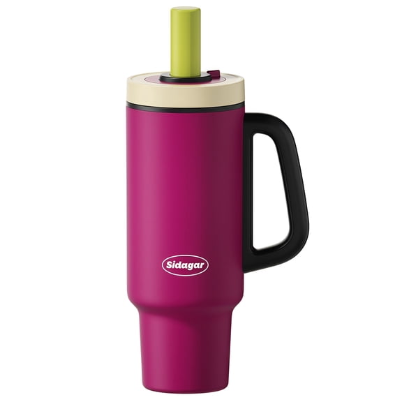 Sidagar 36 oz Stainless Steel Vacuum Insulated Ceramic Lined Tumbler with Straw and Handle, Fuchsia Berry Purple