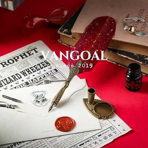 Vintage Carving Feather Pen Set, Glittering Quill Pen Set Antique Calligraphy Writing Dip Pen with Ink, 2 Replacement Nibs, Pen Stand Base, Luxury Vintage Signature Pen (Red)