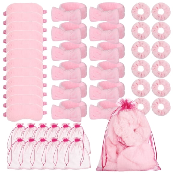 48 Pcs Spa Party Supplies Set, 12 Pink Spa Headbands with Bow, 12 Plush Sleep Eye Masks, 12 Pink Velvet Hair Scrunchies, 12 Organza Bags for Sleepover Party Favors
