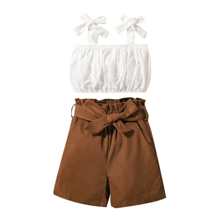 

aturustex Toddler Kids Girls Casual Suits Solid Color Sleeveless Lace Sling Crop Tops Ruffled Short Pants Bow Belt Sets