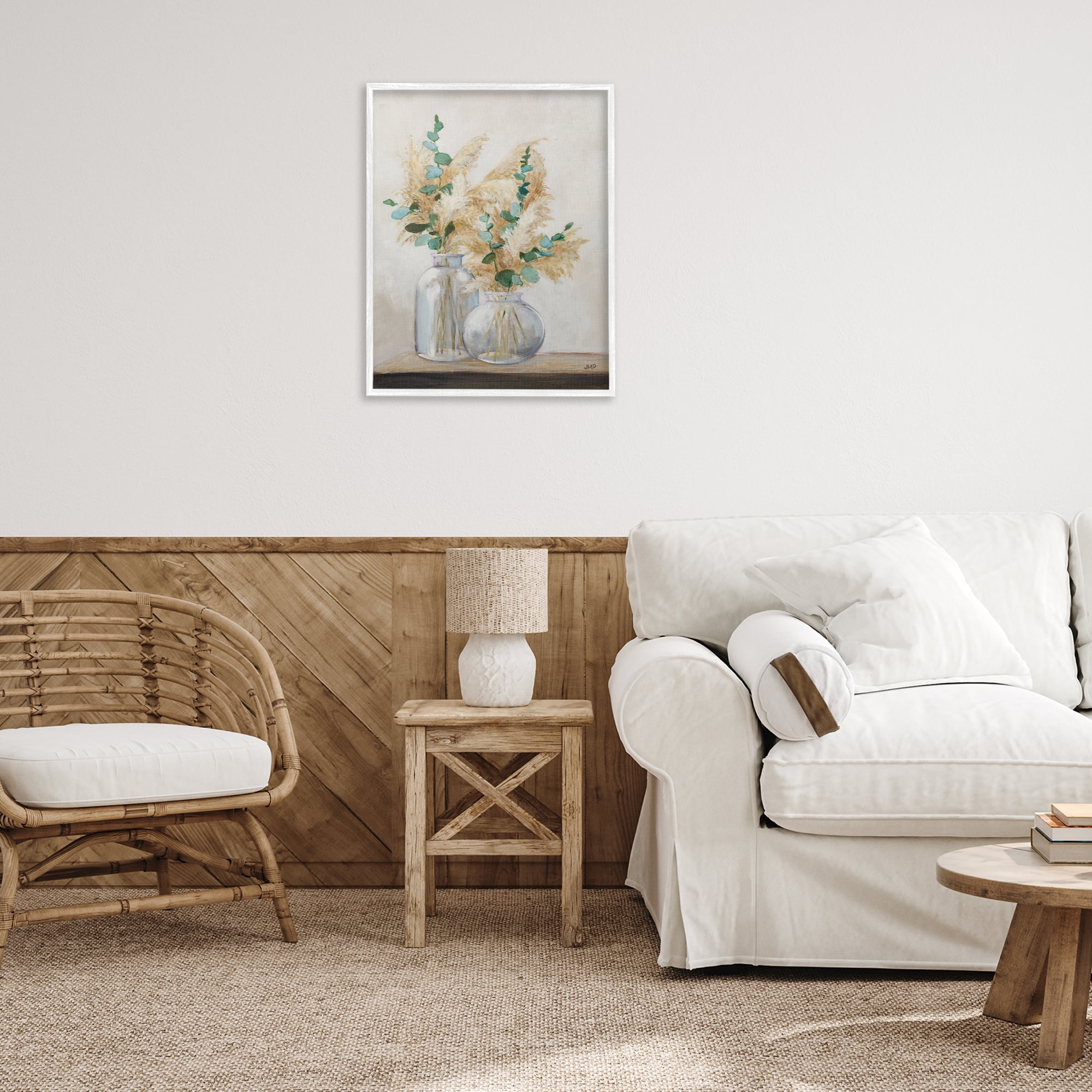 Stupell Industries Pampas & Herbs Vase Botanical & Floral Painting White Framed Art Print Wall Art, 24 x 30