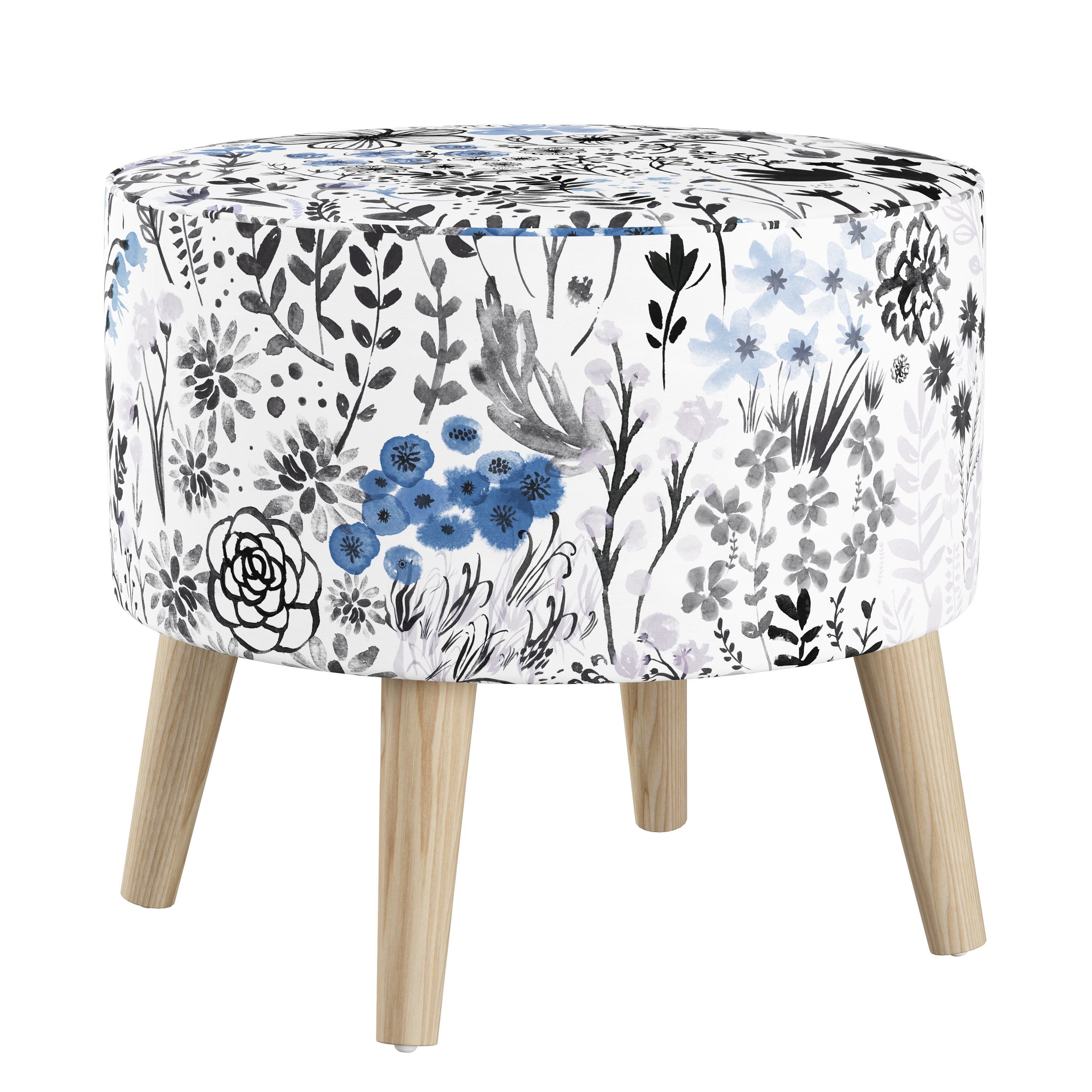 Skyline Furniture Round Ottoman with Splayed Legs in Winter Botanical Blue - Walmart.com