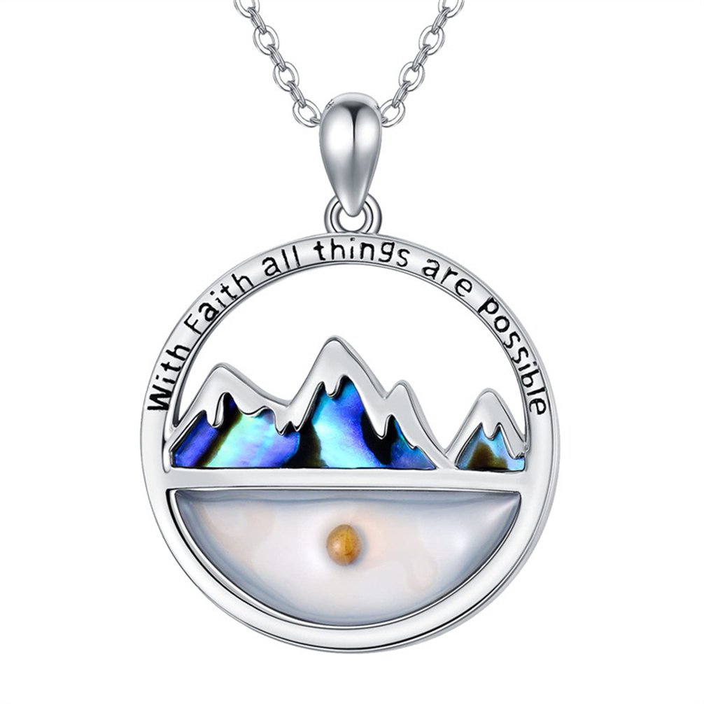 HIRPLIS Mustard Seed Necklace for Women Men Round Faith Mountain Pendant Stainless Steel Silver Shell Inlaid Religious Prayer Personalized Gift Jewelry Silver