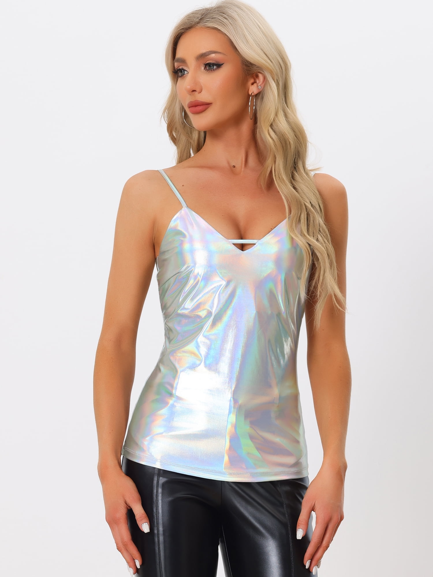 DARING DIVA Women's Metallic Spaghetti Straps Cut Out Party Cami Top XS Holographic Silver