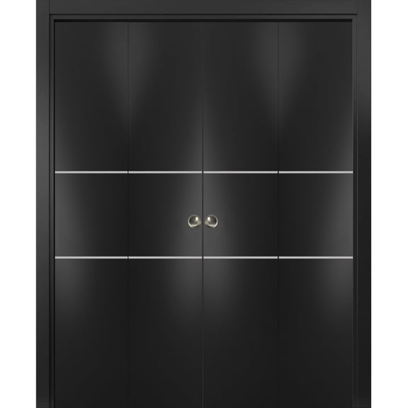 Sliding Closet Double Bi-fold Doors | Planum 0110 Matte Black with Frosted Glass | Sturdy Tracks Moldings Trims Hardware Set | Wood Solid Bedroom Wardrobe Doors
