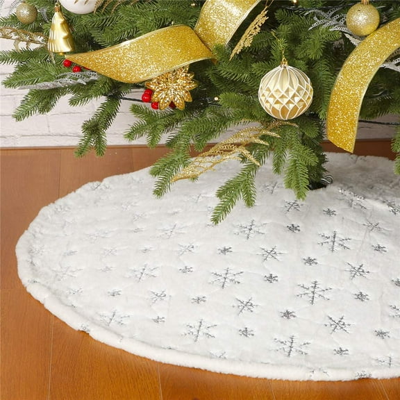 Christmas Sequin Tree Skirt 30in,White Soft Thick with Silver sonwflakes Decorations for 3FT 4FT 5FT Xmas Tree