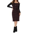 thumbnail image 2 of INSPIRE CHIC Women's Elegant Plaid Button Front Tie Waist Pinafore Overall Pencil Dress XL Burgundy, 2 of 5